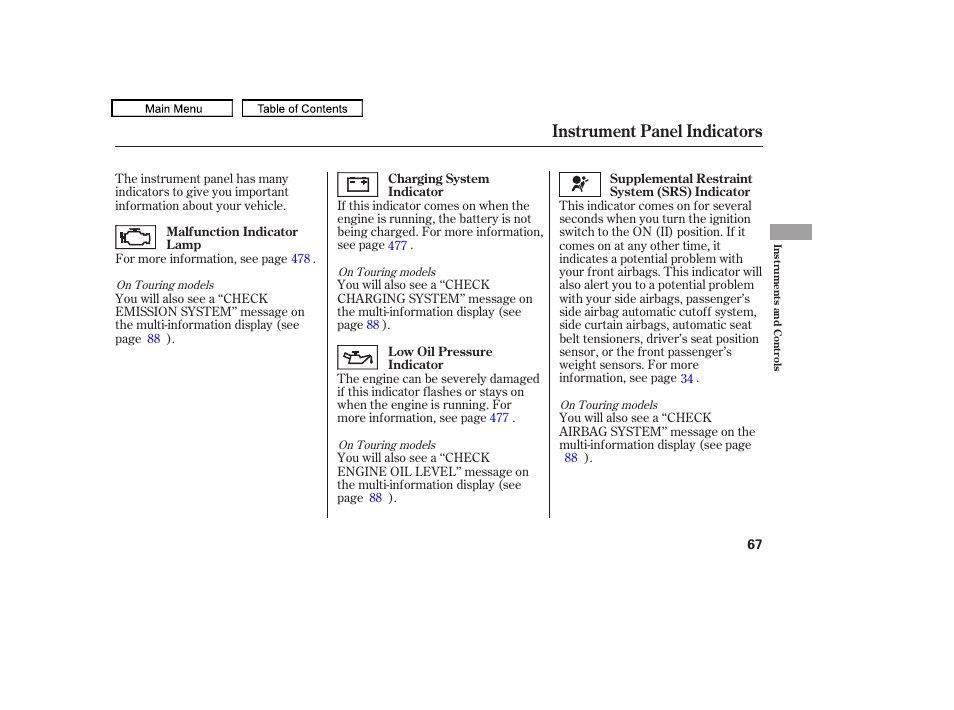 Instrument panel indicators | HONDA 2010 Odyssey User Manual | Page 70 / 526