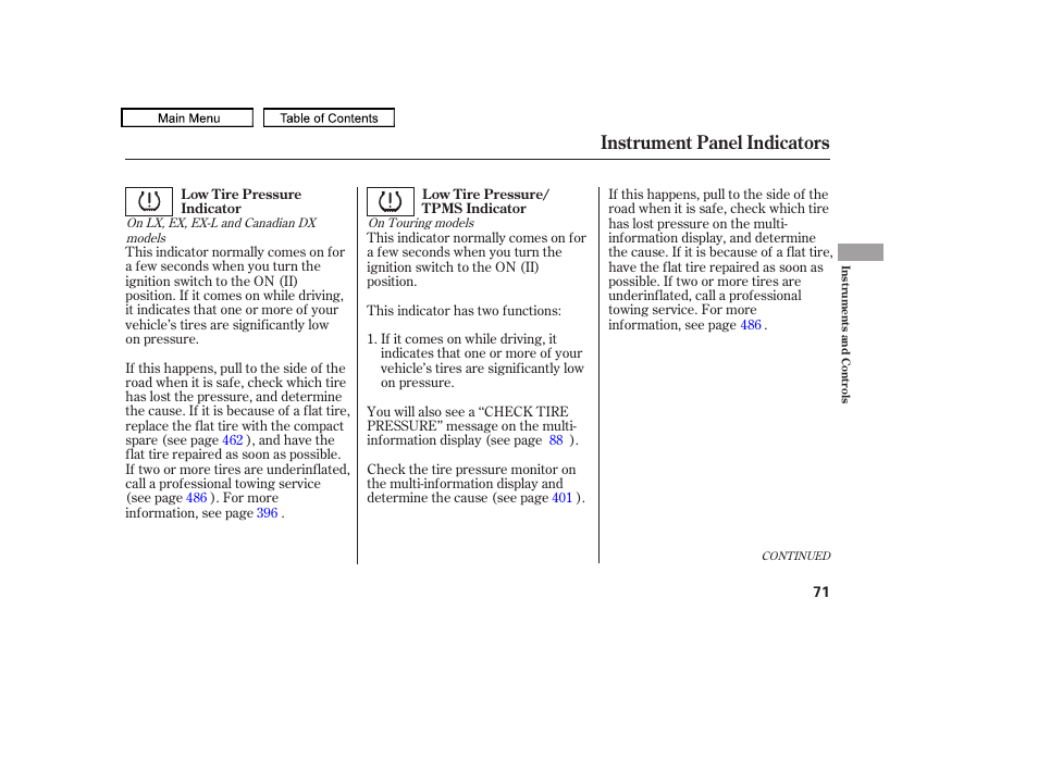 Instrument panel indicators | HONDA 2010 Odyssey User Manual | Page 74 / 526