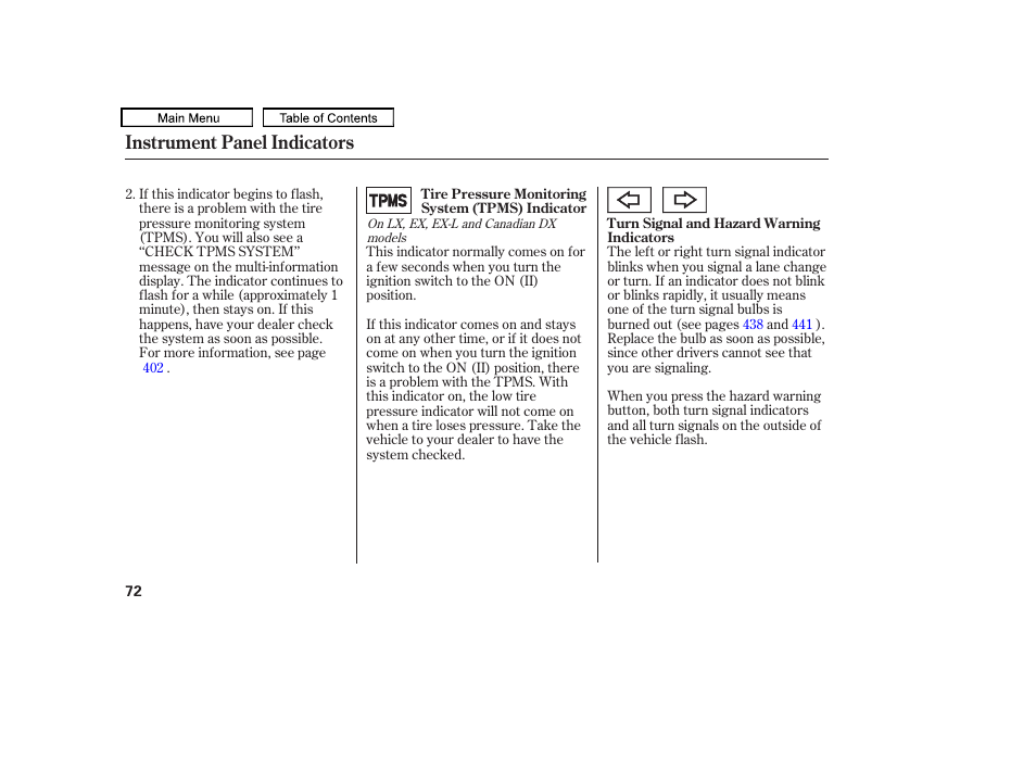 Instrument panel indicators | HONDA 2010 Odyssey User Manual | Page 75 / 526