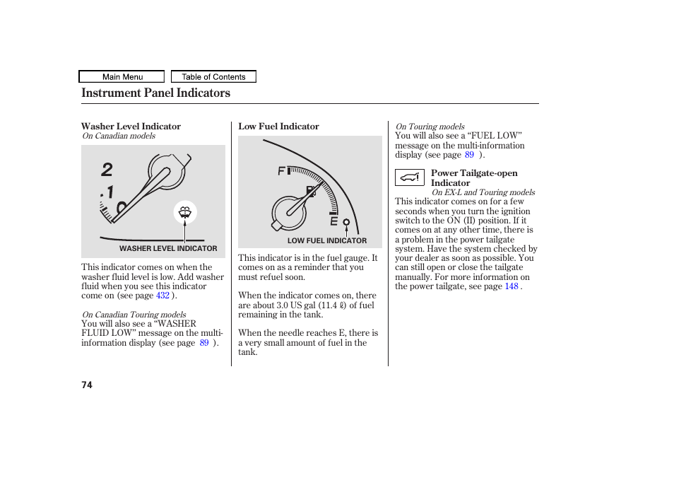 Instrument panel indicators | HONDA 2010 Odyssey User Manual | Page 77 / 526