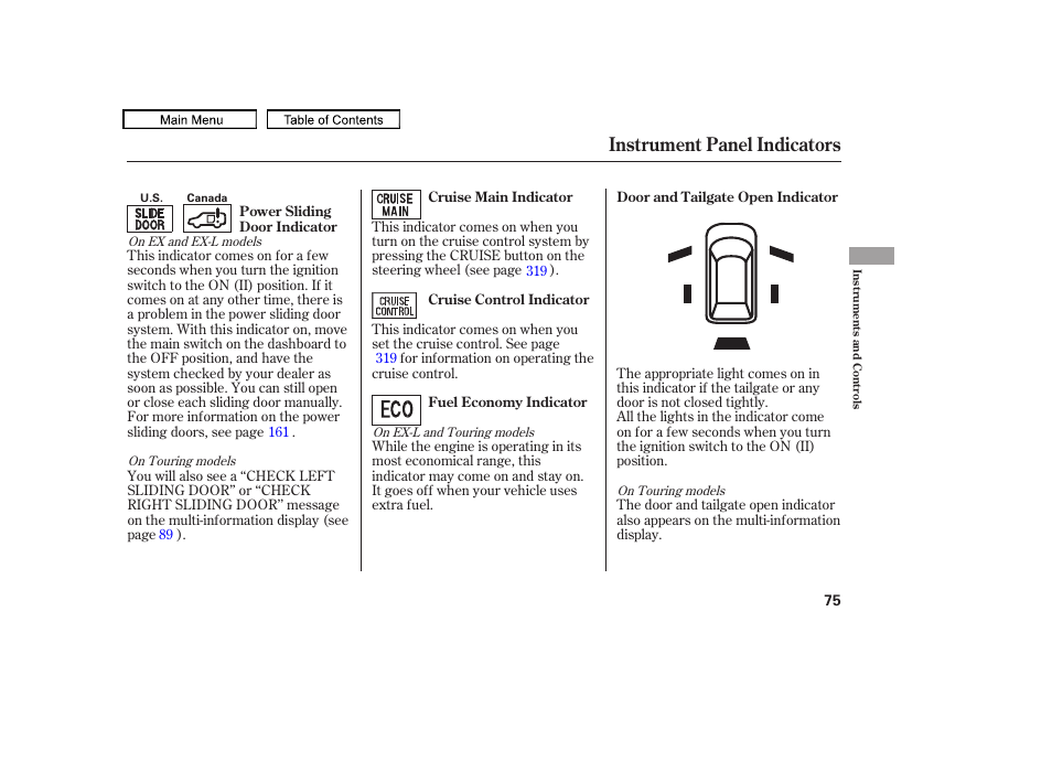 Instrument panel indicators, 2010 odyssey | HONDA 2010 Odyssey User Manual | Page 78 / 526