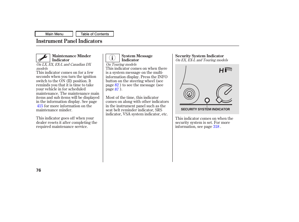 Instrument panel indicators | HONDA 2010 Odyssey User Manual | Page 79 / 526