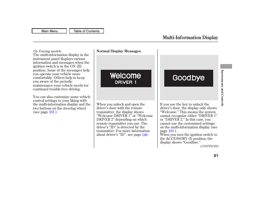 Multi-information display, 2010 odyssey | HONDA 2010 Odyssey User Manual | Page 84 / 526