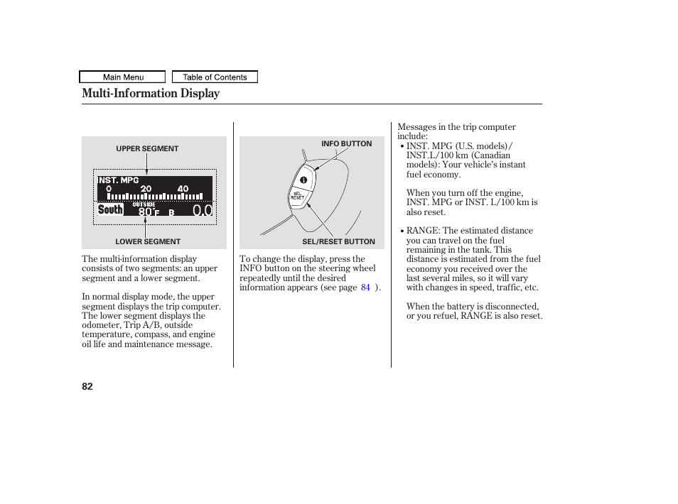 Multi-information display | HONDA 2010 Odyssey User Manual | Page 85 / 526