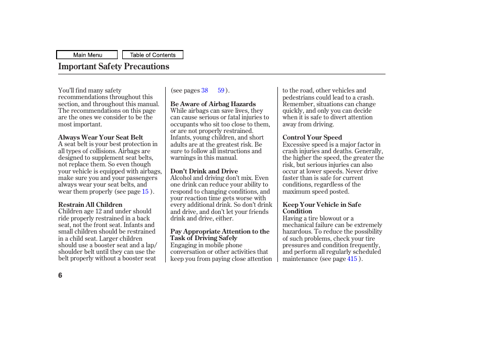 Important safety precautions | HONDA 2010 Odyssey User Manual | Page 9 / 526