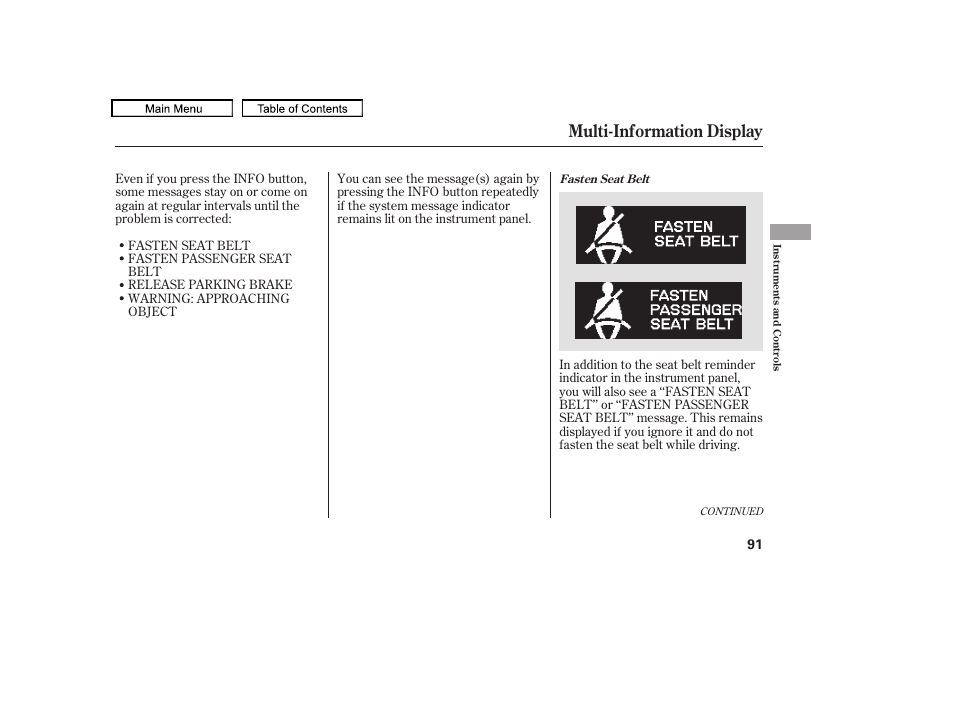 Multi-information display, 2010 odyssey | HONDA 2010 Odyssey User Manual | Page 94 / 526