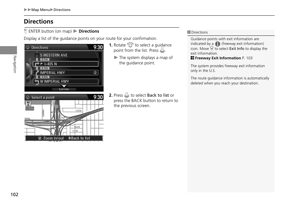 Directions, 2 directions, P. 102 | HONDA 2013 Accord Crosstour Navigation User Manual | Page 104 / 153