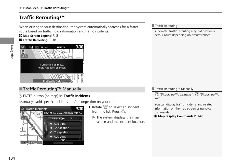 P104), Cator, Traffic rerouting | 8 2 traffic rerouting™ p. 104, 2 traffic rerouting, P. 104 | HONDA 2013 Accord Crosstour Navigation User Manual | Page 106 / 153