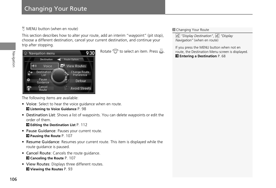 Changing your route 106, Changing your route, 2 changing your route p. 106 | 2 changing your route, P. 106 | HONDA 2013 Accord Crosstour Navigation User Manual | Page 108 / 153