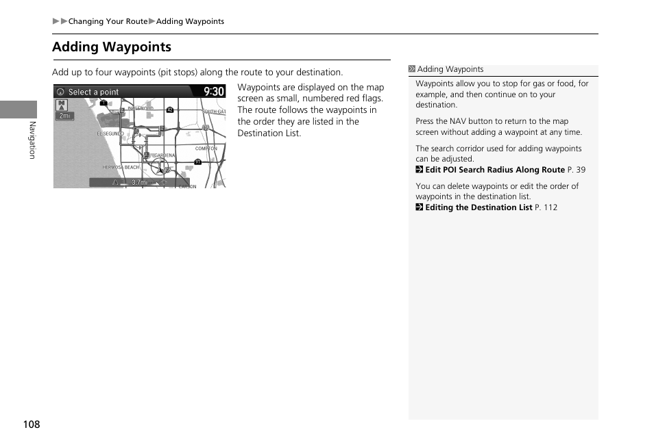 P108), Route, Adding waypoints | HONDA 2013 Accord Crosstour Navigation User Manual | Page 110 / 153