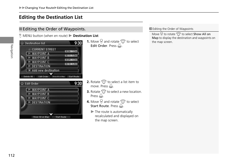 Editing the destination list, 2 editing the destination list, P. 112 | Ination. 2 editing the destination list p. 112 | HONDA 2013 Accord Crosstour Navigation User Manual | Page 114 / 153