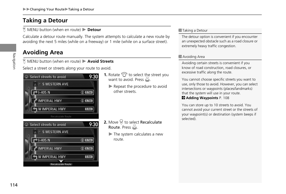 P114), Taking a detour avoiding area, 2 avoiding area p. 114 | 2 taking a detour, P. 114, 2 avoiding area, Taking a detour, Avoiding area | HONDA 2013 Accord Crosstour Navigation User Manual | Page 116 / 153
