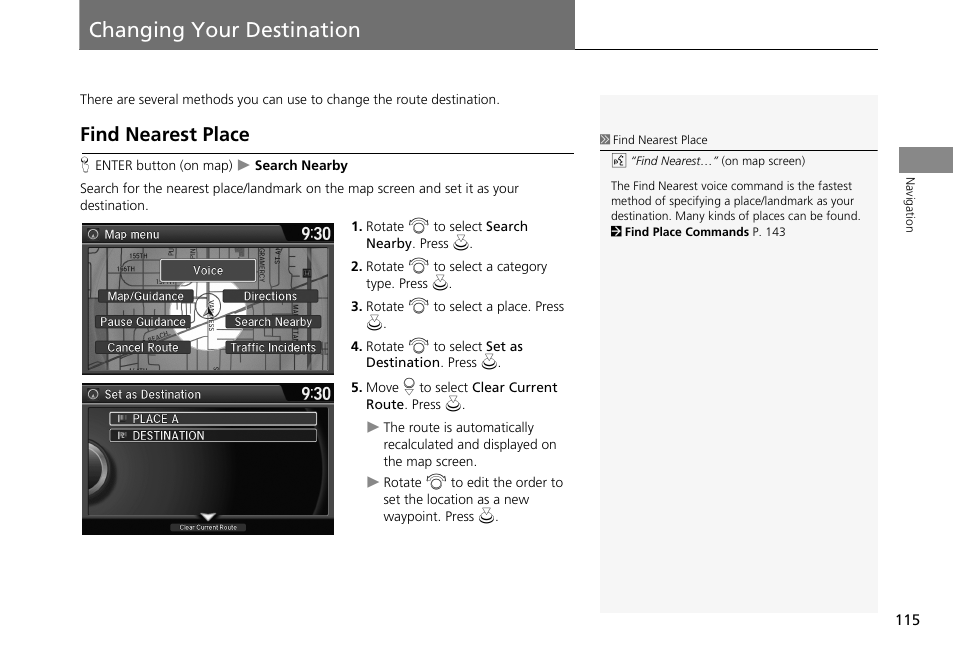 Changing your destination 115, P115), Changing your destination | Find nearest place, 2 find nearest place p. 115, 2 find nearest place, P. 115 | HONDA 2013 Accord Crosstour Navigation User Manual | Page 117 / 153