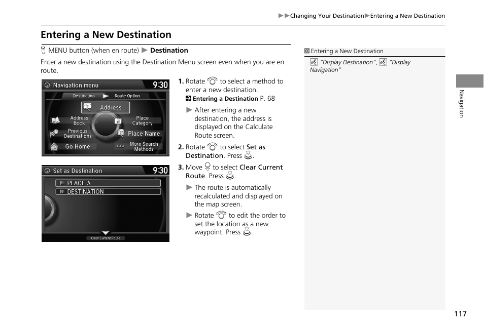 P117), Entering a new destination | HONDA 2013 Accord Crosstour Navigation User Manual | Page 119 / 153