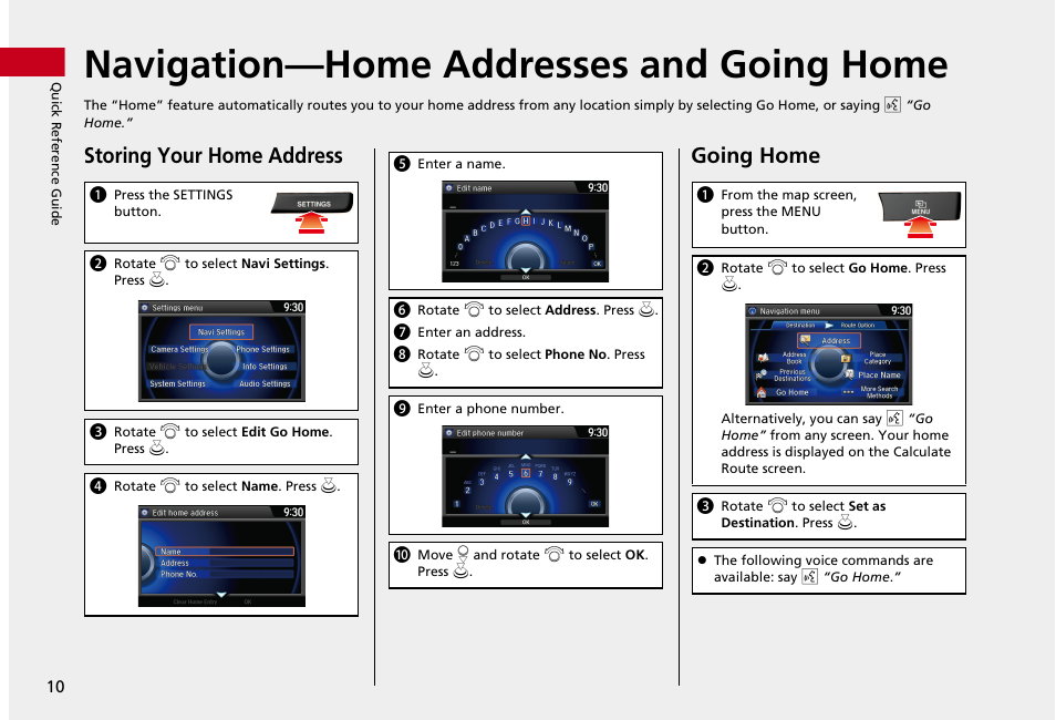 Navigation—home addresses and going home, Storing your home address, Going home | HONDA 2013 Accord Crosstour Navigation User Manual | Page 12 / 153