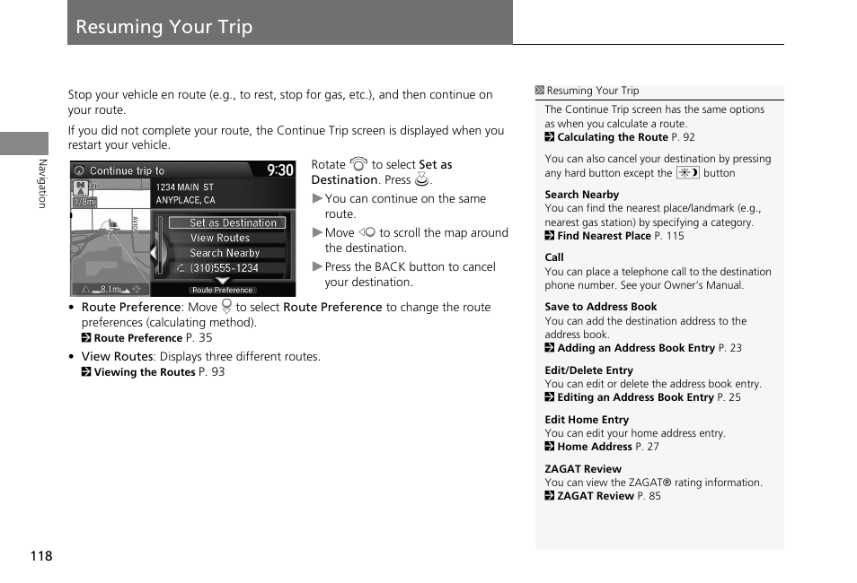 Resuming your trip 118, Resuming your trip, 2 resuming your trip | P. 118 | HONDA 2013 Accord Crosstour Navigation User Manual | Page 120 / 153