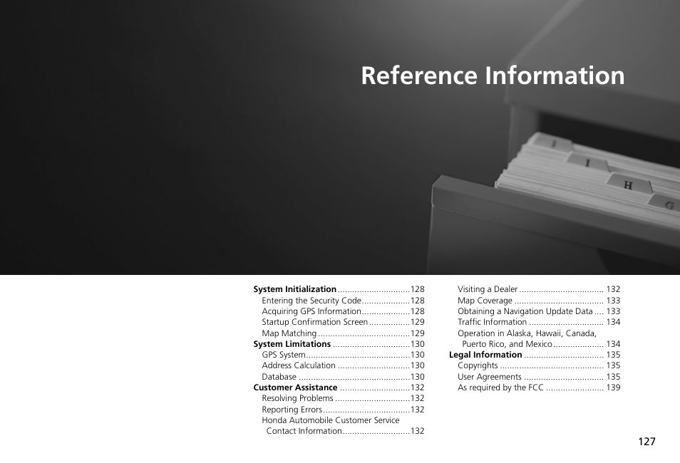 2 reference information p. 127, Reference information, P.127 | HONDA 2013 Accord Crosstour Navigation User Manual | Page 129 / 153