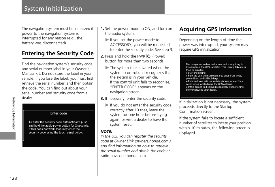 System initialization 128, System initialization, Entering the security code | Acquiring gps information | HONDA 2013 Accord Crosstour Navigation User Manual | Page 130 / 153
