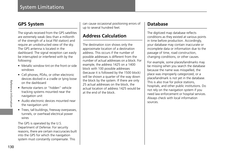 System limitations 130, 2 gps system p. 130, System limitations | Gps system address calculation database, Gps system, Address calculation, Database | HONDA 2013 Accord Crosstour Navigation User Manual | Page 132 / 153