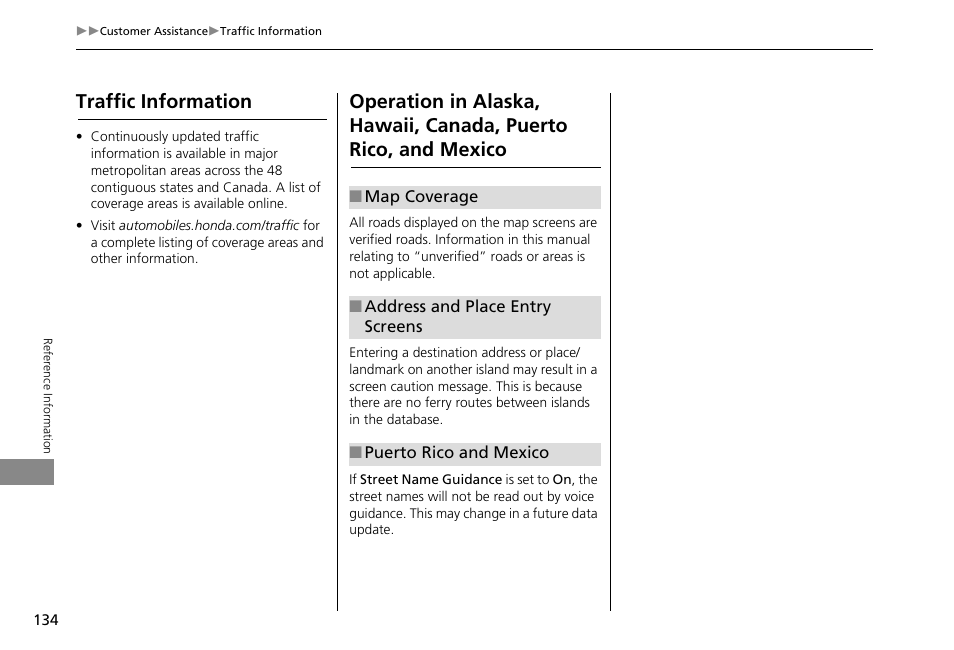 Puerto rico, and mexico, Traffic information | HONDA 2013 Accord Crosstour Navigation User Manual | Page 136 / 153