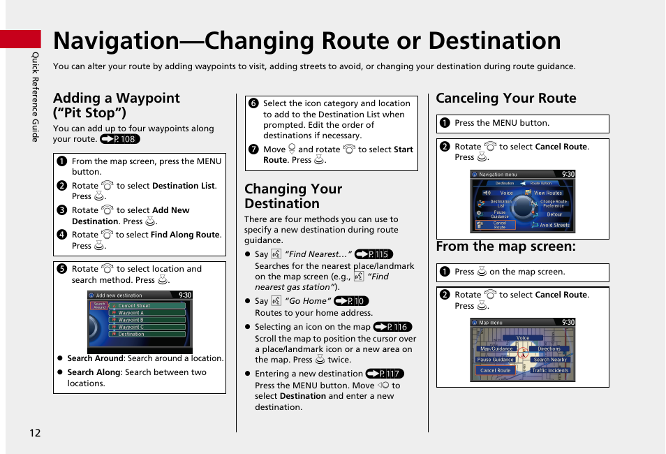 Navigation—changing route or destination, Adding a waypoint (“pit stop”), Changing your destination | Canceling your route from the map screen | HONDA 2013 Accord Crosstour Navigation User Manual | Page 14 / 153