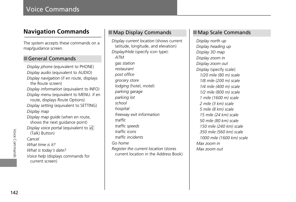 Voice commands 142, P142), 2 voice commands | P. 142, 2 map display commands p. 142, 2 map scale commands p. 142, Voice commands, Navigation commands | HONDA 2013 Accord Crosstour Navigation User Manual | Page 144 / 153