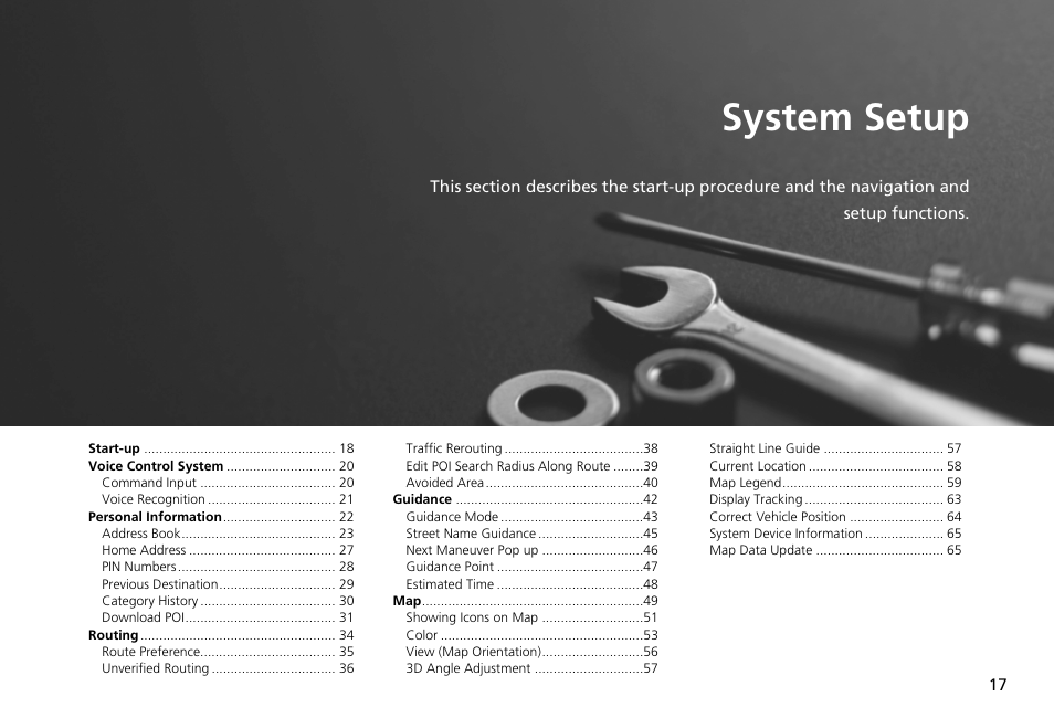 2 system setup p. 17, System setup, P.17 | HONDA 2013 Accord Crosstour Navigation User Manual | Page 19 / 153