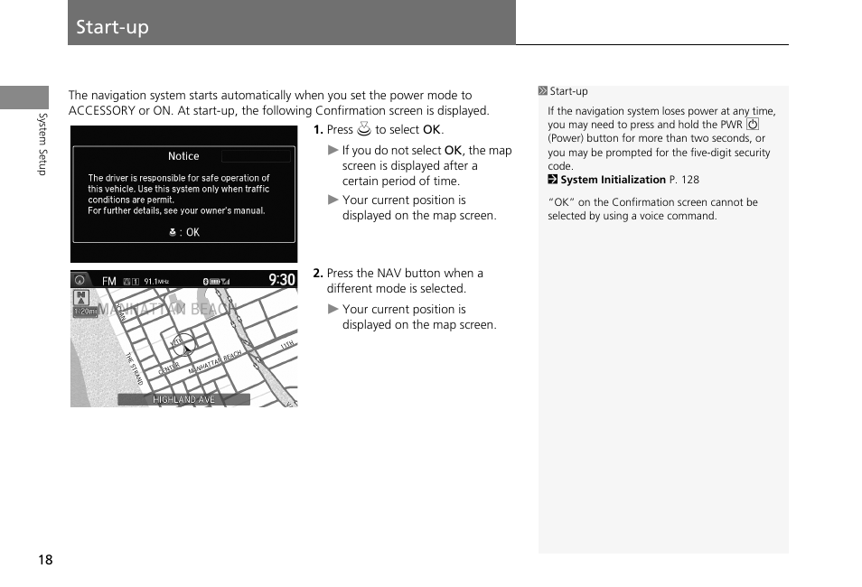Start-up 18, P18), Start-up | HONDA 2013 Accord Crosstour Navigation User Manual | Page 20 / 153