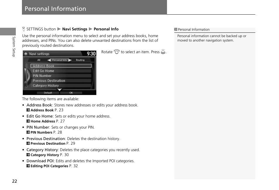 Personal information 22, Personal information | HONDA 2013 Accord Crosstour Navigation User Manual | Page 24 / 153