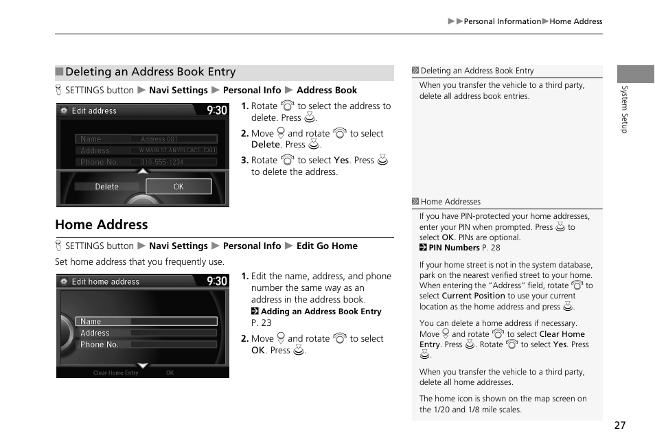 P27), Home address, Address | 2 home address, P. 27 | HONDA 2013 Accord Crosstour Navigation User Manual | Page 29 / 153