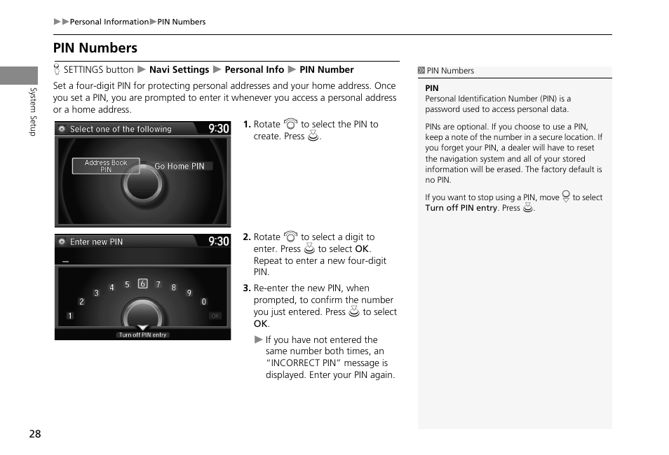 Pin numbers, Our pin, 2 pin numbers | P. 28, 2 pin numbers p. 28 | HONDA 2013 Accord Crosstour Navigation User Manual | Page 30 / 153