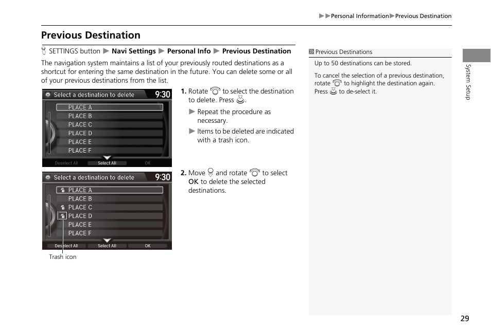 Previous destination, History, 2 previous destination | P. 29 | HONDA 2013 Accord Crosstour Navigation User Manual | Page 31 / 153