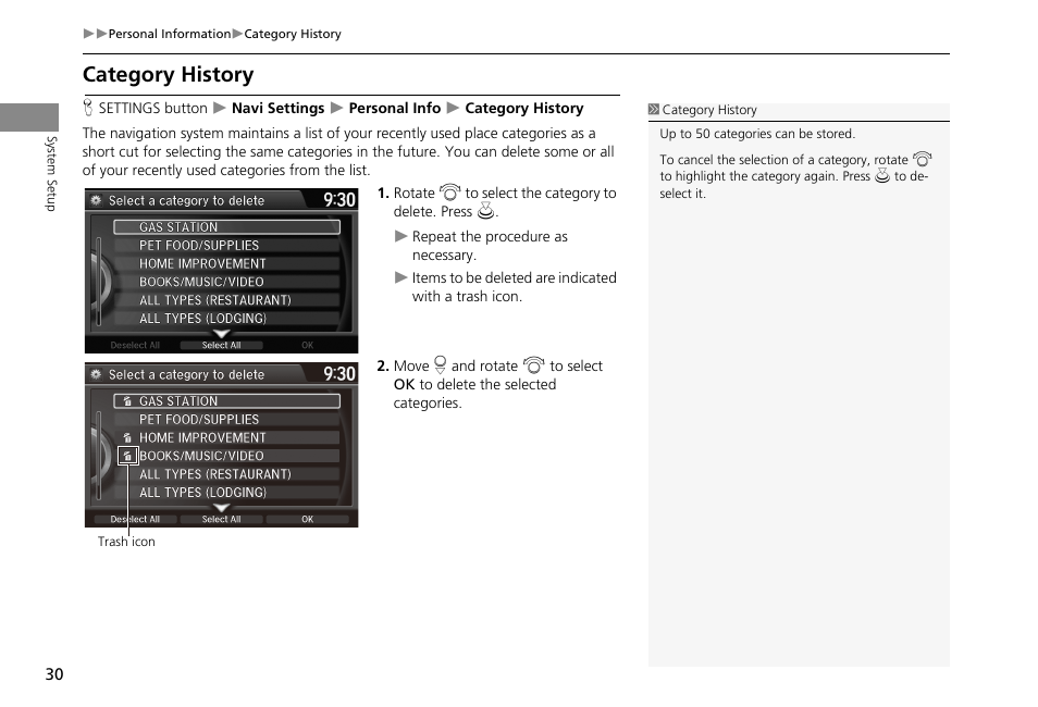 Category history, 2 category history, P. 30 | HONDA 2013 Accord Crosstour Navigation User Manual | Page 32 / 153