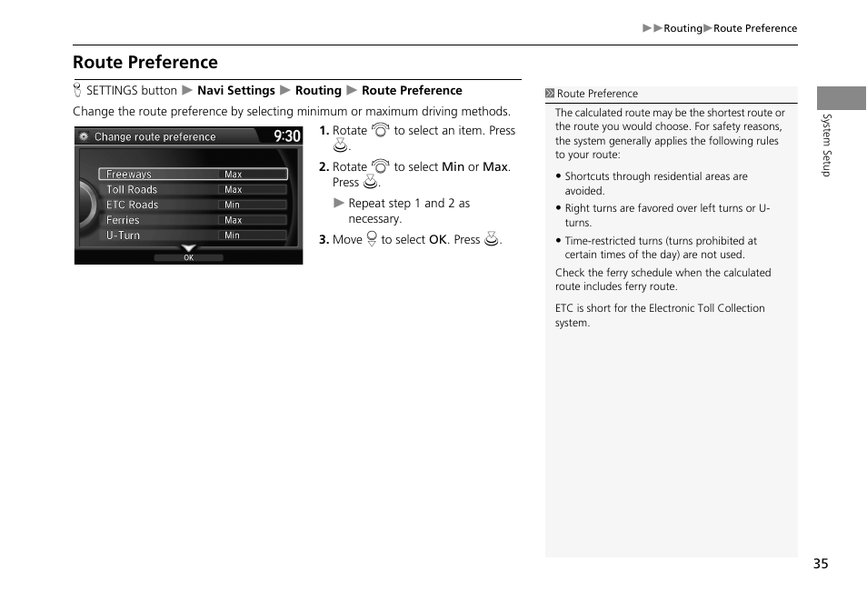 Route preference, 2 route preference, P. 35 | HONDA 2013 Accord Crosstour Navigation User Manual | Page 37 / 153
