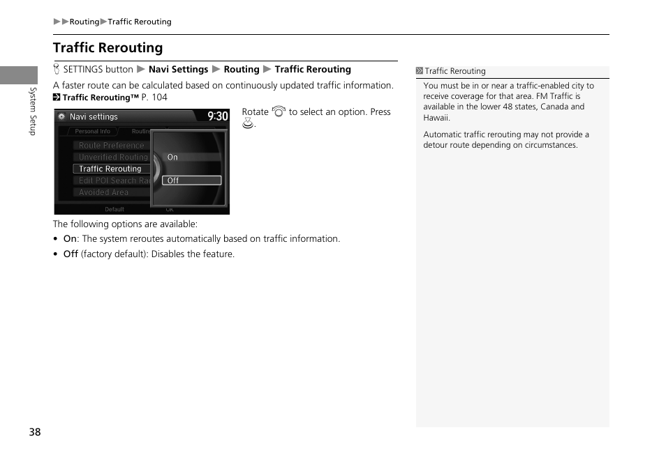 Traffic rerouting, 2 traffic rerouting, P. 38 | HONDA 2013 Accord Crosstour Navigation User Manual | Page 40 / 153