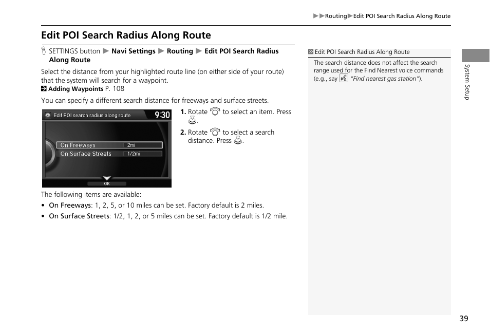 Edit poi search radius along route, 2 edit poi search radius along route, P. 39 | HONDA 2013 Accord Crosstour Navigation User Manual | Page 41 / 153