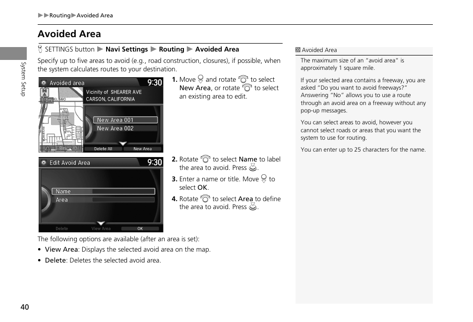 Avoided area, Route, 2 avoided area | P. 40 | HONDA 2013 Accord Crosstour Navigation User Manual | Page 42 / 153