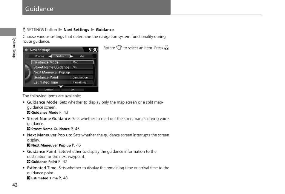 Guidance 42, Guidance | HONDA 2013 Accord Crosstour Navigation User Manual | Page 44 / 153