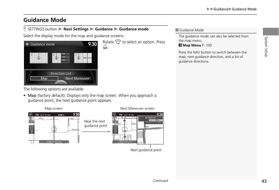 Guidance mode, 2 guidance mode, P. 43 | HONDA 2013 Accord Crosstour Navigation User Manual | Page 45 / 153