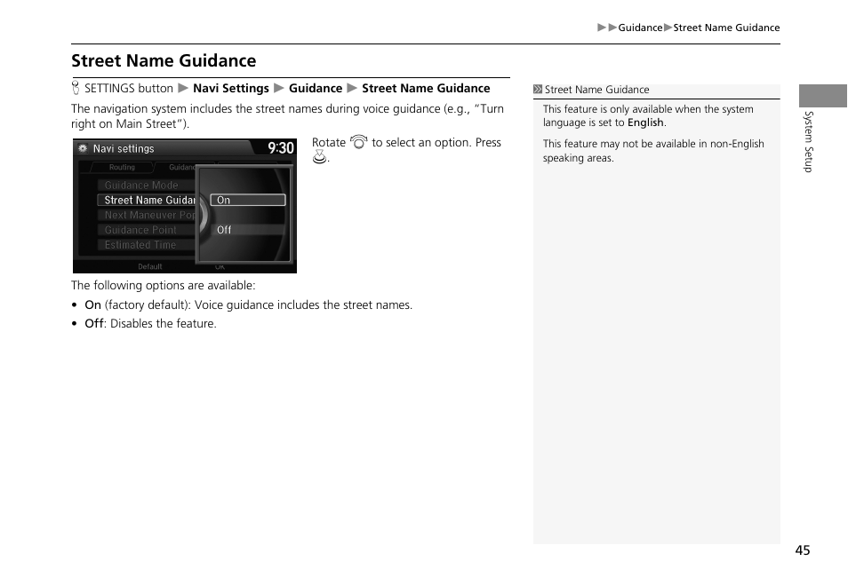 Street name guidance, Dance, 2 street name guidance | P. 45 | HONDA 2013 Accord Crosstour Navigation User Manual | Page 47 / 153