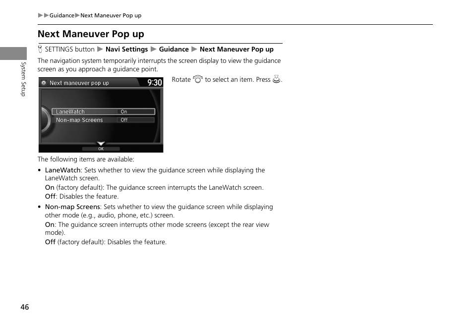 Next maneuver pop up, 2 next maneuver pop up, P. 46 | HONDA 2013 Accord Crosstour Navigation User Manual | Page 48 / 153