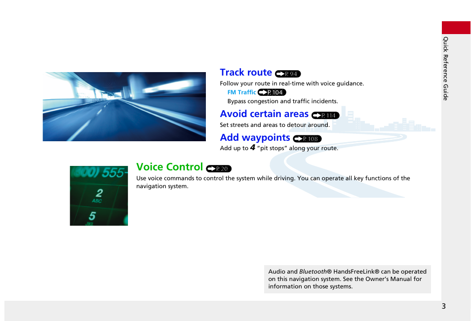 Voice control, Track route, Avoid certain areas | Add waypoints | HONDA 2013 Accord Crosstour Navigation User Manual | Page 5 / 153