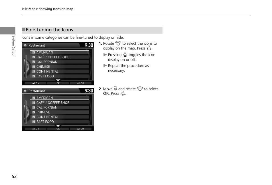 2 fine-tuning the icons, P. 52 | HONDA 2013 Accord Crosstour Navigation User Manual | Page 54 / 153