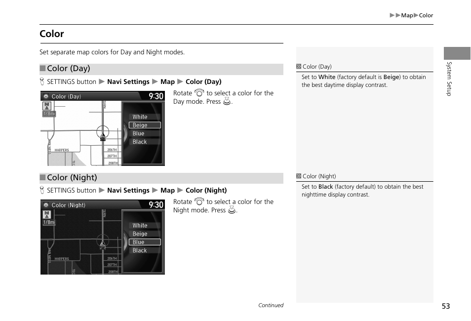 Color, 2 color, P. 53 | HONDA 2013 Accord Crosstour Navigation User Manual | Page 55 / 153