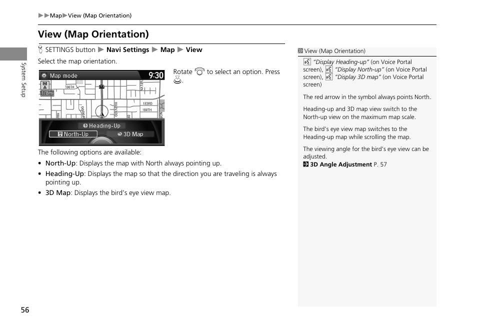 P56), View (map orientation), 2 view (map orientation) | P. 56 | HONDA 2013 Accord Crosstour Navigation User Manual | Page 58 / 153