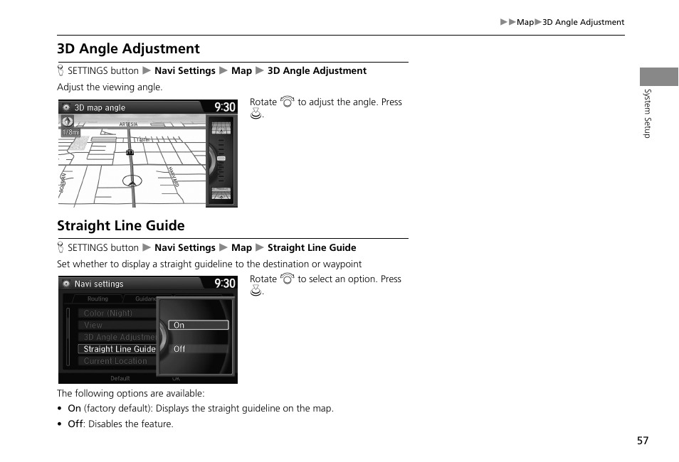 3d angle adjustment, Straight line guide, 2 3d angle adjustment | P. 57, 2 straight line guide | HONDA 2013 Accord Crosstour Navigation User Manual | Page 59 / 153