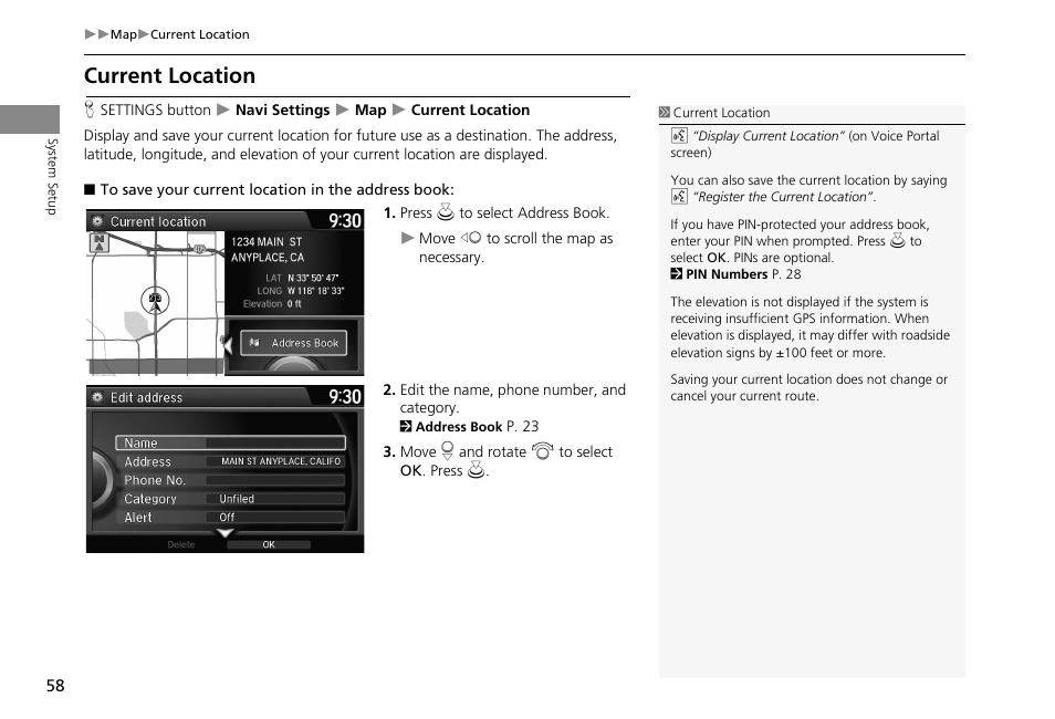 P58), Current location, 2 current location | P. 58 | HONDA 2013 Accord Crosstour Navigation User Manual | Page 60 / 153