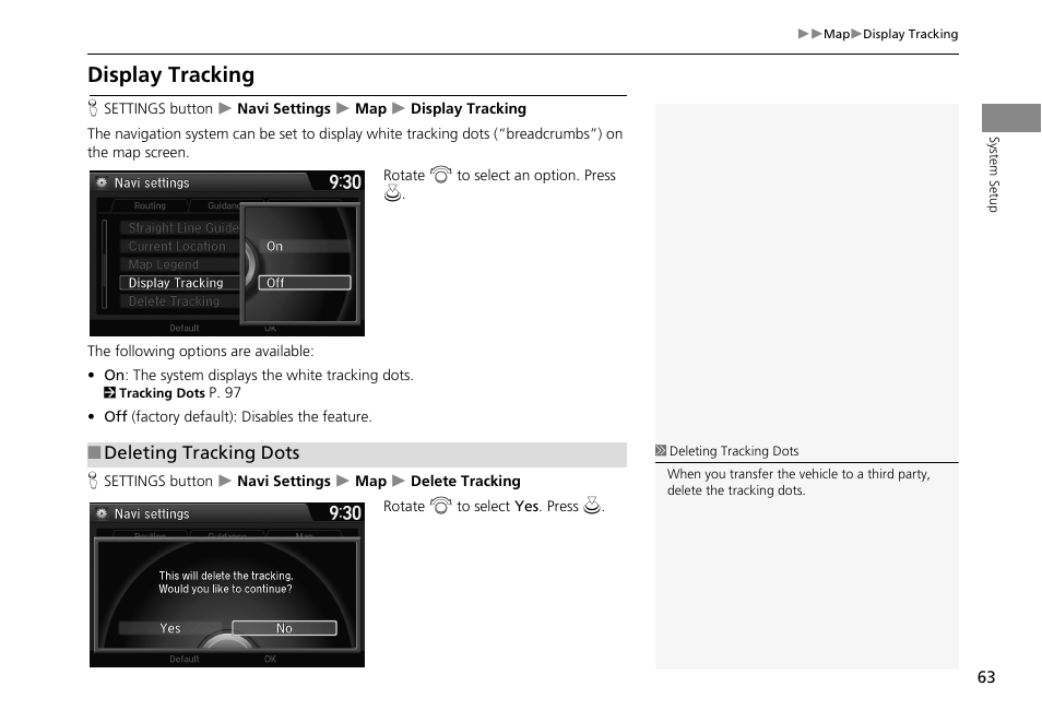 Display tracking, 2 display tracking, P. 63 | 2 deleting tracking dots | HONDA 2013 Accord Crosstour Navigation User Manual | Page 65 / 153
