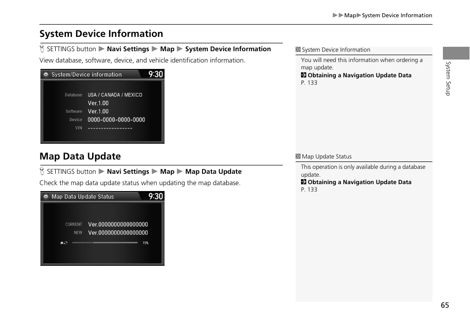 System device information map data update, 2 system device information, P. 65 | Database, 2 map data update, System device information, Map data update | HONDA 2013 Accord Crosstour Navigation User Manual | Page 67 / 153