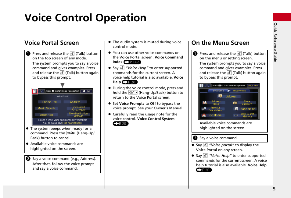 Voice control operation, Voice portal screen, On the menu screen | HONDA 2013 Accord Crosstour Navigation User Manual | Page 7 / 153